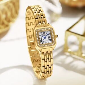 New! Panthere Classic Gold Crystal Stainless Steel Gold Watch